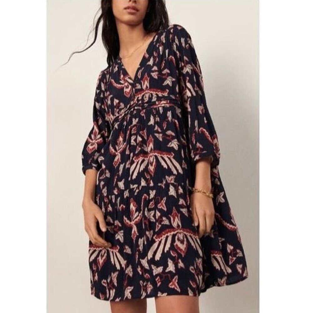 ba&sh Navy Mini Dress with Pink and Cream Floral Print